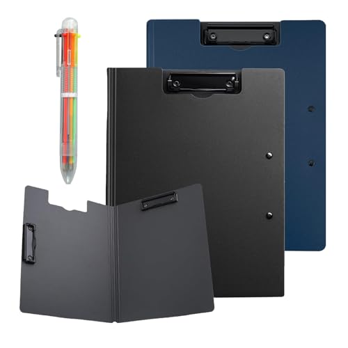 Klemmbrett A4, 2 Stück Klemmmappe A4 mit Deckel & Doppelclip Kunststoff Und Ein transparenter 6-Farben-Kugelschreiber, Klemmbretter Foldover für Geschäft, Büro, Schule, Restaurant (Schwarz und Blau) von QITIXI:OU