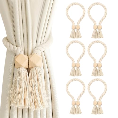 Magnetische Vorhang Raffhalter, 6 Stück Beige Rhombus magnetische Vorhang-Raffhalter aus Holz, Boho-Dekoration, Gardinenhalter Vorhanghalter, Handgewebt für Fenstervorhänge für Zuhause und Büro von QITIXI:OU