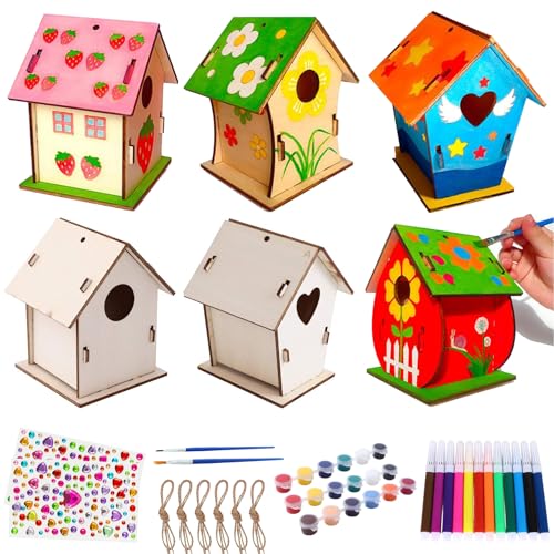 QITIXI:OU 6 Stück Vogelhaus Bausatz für Kinder, DIY Holz Vogelhaus zum Bemalen Mit Farbform, Basteln zu Bauen und Malen, DIY Set Bastelset, Vogelhäuschen Bausatz Spielzeug Geschenke von QITIXI:OU