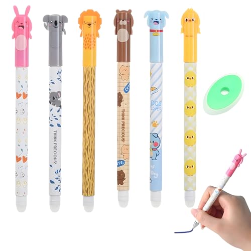 QITIXI:OU 6PCS radierbare Gelstifte, mit radierbarem Radiergummi, schwarze Tinte, süße radierbare Stiftspitze im Cartoon-Stil, Minendurchmesser 0,5 mm, geeignet für Kinder, Studenten, Schulbüros von QITIXI:OU