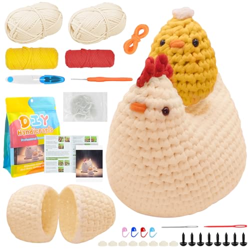 QITIXI:OU Häkelset Tiere - HäKel Set AnfäNger - DIY häkelset Tiere Zubehör, Hühner legen Eier, Wolle, Garnhaken, Geeignet für Erwachsene und Kinder mit Anleitung, Schritt-für-Schritt-Video-Tutorial von QITIXI:OU