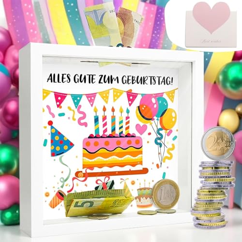 Spardose Geburtstagstortenmuster aus Holz Weiß - Geburtstagsgeschenk, Lustige Geldgeschenk Verpackung, Geldgeschenke Geburtstag Spardose, 3D Bilderrahmen für Sparschwein mit Schönen Grußkarte von QITIXI:OU