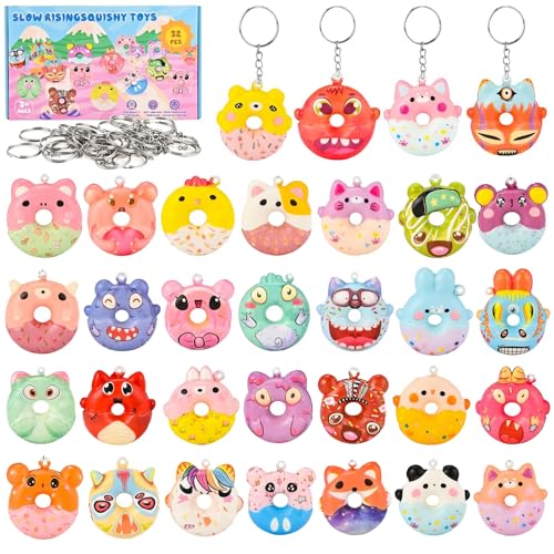Squishy Toys Set, 32 Stück Spielzeug Krapfen Squishy Set, Anti Stress Spielzeug, Niedlich Geschmeidigkeit Squishy Toy mit Metall Schlüsselanhänger für Mitgebsel Kindergeburtstag Party Gastgeschenke von QITIXI:OU