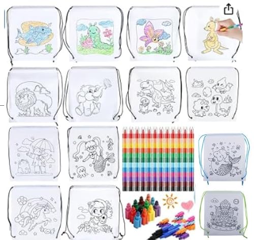Taschen zum Bemalen für Kinder - 14 Stück Stoffbeutel zum Bemalen für Kinder und 12 Stück Stapelbare Wachsmalstifte(12 Farben), DIY Kinder Graffiti Non-Woven Stoffbeutel für Mitgebsel Kindergeburtstag von QITIXI:OU