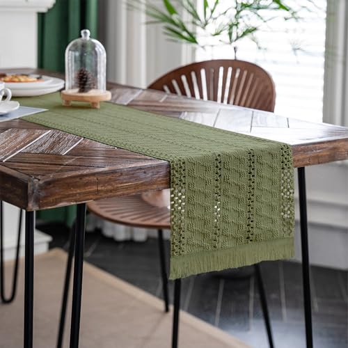 TischläUfer Boho Style, Tischläufer Grün Baumwolle, Makramee Modern Frühling Bauernhaus Klein Grün Table Runner, Küchen Hochzeit Party Esszimmer Esstisch Tabletop Dekorationen, Waschbar 30x140 cm von QITIXI:OU