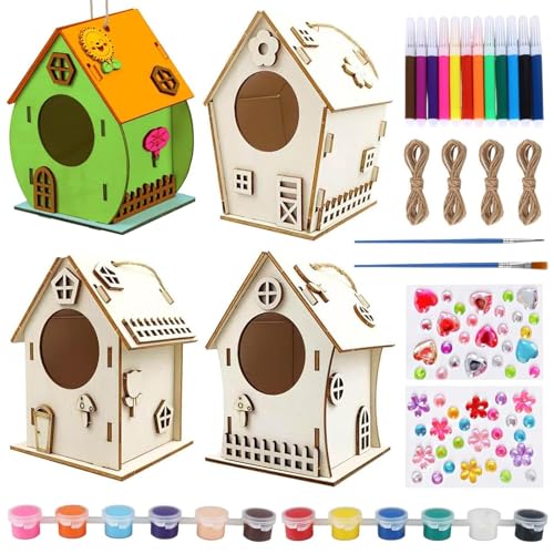 Vogelhaus Bausatz für Kinder - 4 Stück DIY Holz Vogelhaus mit 4 Hanfseile, 12 Farben Pigment, 2 Pinsel, 2 Kristallaufkleber, 12 Aquarellstift, Basteln zu Bauen und Malen für Mädchen Jungen Kinder Vogelhaus Bausatz für Kinder - 4 Stück DIY Holz Vogelhaus mit 4 Hanfseile, 12 Farben Pigment, 2 Pinsel, 2 Kristallaufkleber, 12 Aquarellstift, Basteln zu Bauen und Malen für Mädchen Jungen Kinder von QITIXI:OU