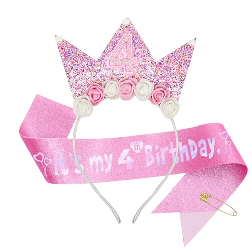QIUJALE Geburtstag Mädchen Stirnband, Glitzer Blume Geburtstag Krone Schärpe Set für 4 Jahre alte Mädchen Prinzessin Geburtstag Party Dekorationen (4. Stirnband) von QIUJALE