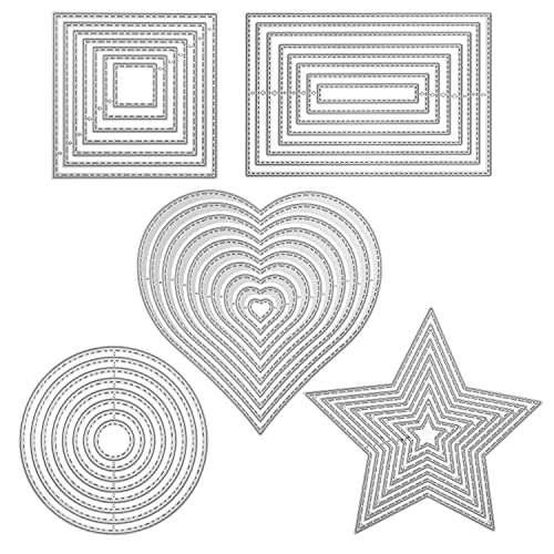 5 Stück Stanzschablone Geometrisch Set Stanzformen Quadratisch Rechteckig Kreis Stern Herz Rahmen Quadrat Schneiden Prägeschablonen Prägung Schablone Stanzschablonen für DIY Scrapbooking Album Karten von QIUJUNDE