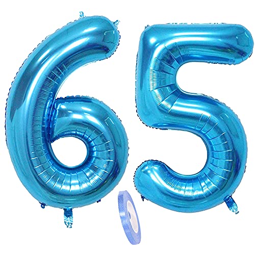 Folienballon Zahl Deko Blau 65 für Frauen Männer ,XXL 100cm Riesen Nummer Aufblasbar Helium Ballon Blue Figuren Zahlen Luftballons für 65. Jahre Mann Frau Geburtstag Hochzeit Jubiläum Party Dekoration von QIUJUNDE