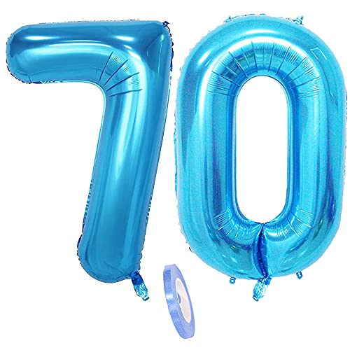 Folienballon Zahl Deko Blau 70 für Frauen Männer,XXL 100cm Riesen Nummer Aufblasbar Helium Ballon Blue Figuren Zahlen Luftballons für 70. Jahre Mann Frau Geburtstag Hochzeit Jubiläum Party Dekoration von QIUJUNDE