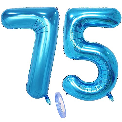 Folienballon Zahl Deko Blau 75 für Frauen Männer ,XXL 100cm Riesen Nummer Aufblasbar Helium Ballon Blue Figuren Zahlen Luftballons für 75. Jahre Mann Frau Geburtstag Hochzeit Jubiläum Party Dekoration von QIUJUNDE
