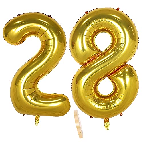Folienballon Zahl Deko Gold 28 für Frauen Männer, XXL 100cm Riesen Nummer Aufblasbar Helium Ballon Figuren Zahlen Luftballons für 28. Jahre Mann Frau Geburtstag Hochzeit Jubiläum Party Dekoration von QIUJUNDE