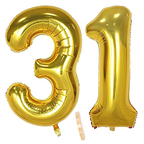 Folienballon Zahl Deko Gold 31 für Frauen Männer, XXL 100cm Riesen Nummer Aufblasbar Helium Ballon Figuren Zahlen Luftballons für 31. Jahre Mann Frau Geburtstag Hochzeit Jubiläum Party Dekoration von QIUJUNDE