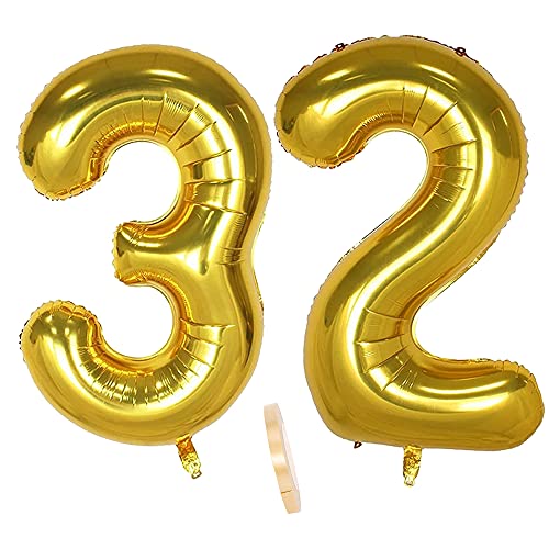 Folienballon Zahl Deko Gold 32 für Frauen Männer, XXL 100cm Riesen Nummer Aufblasbar Helium Ballon Figuren Zahlen Luftballons für 32. Jahre Mann Frau Geburtstag Hochzeit Jubiläum Party Dekoration von QIUJUNDE