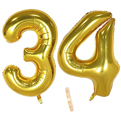 Folienballon Zahl Deko Gold 34 für Frauen Männer, XXL 100cm Riesen Nummer Aufblasbar Helium Ballon Figuren Zahlen Luftballons für 34. Jahre Mann Frau Geburtstag Hochzeit Jubiläum Party Dekoration von QIUJUNDE