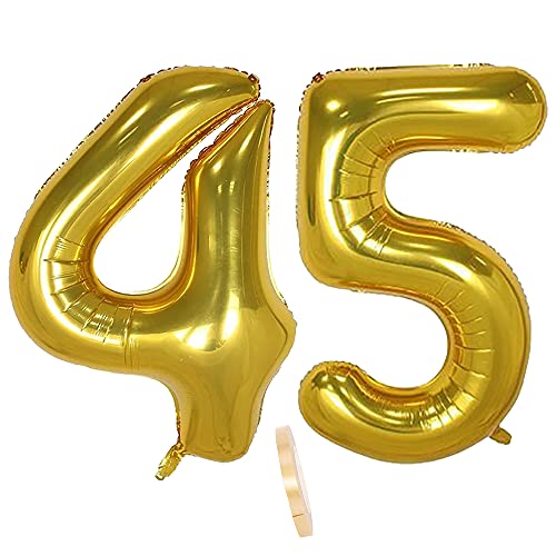 Folienballon Zahl Deko Gold 45 für Frauen Männer, XXL 100cm Riesen Nummer Aufblasbar Helium Ballon Figuren Zahlen Luftballons für 45. Jahre Mann Frau Geburtstag Hochzeit Jubiläum Party Dekoration von QIUJUNDE