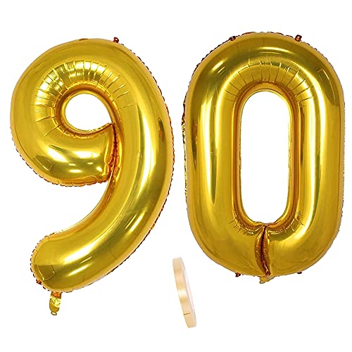 Folienballon Zahl Deko Gold 90 für Frauen Männer, XXL 100cm Riesen Nummer Aufblasbar Helium Ballon Figuren Zahlen Luftballons für 90. Jahre Mann Frau Geburtstag Hochzeit Jubiläum Party Dekoration von QIUJUNDE