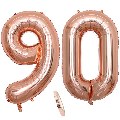 Folienballon Zahl Deko Rose Gold 90 für Frau Frauen, XXL 100cm Riesen Nummer Aufblasbar Helium Ballon Figuren Zahlen Luftballons Geschenk für 90. Jahre Geburtstag Hochzeit Jubiläum Party Dekoration von QIUJUNDE