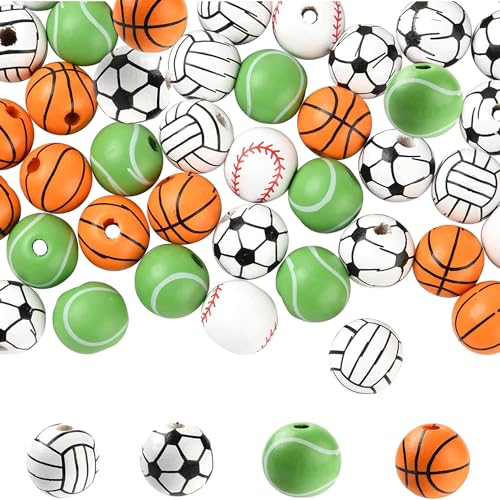 QIUMING 40 Stück 4Stil 20mm Sport-Holzperlen Basketball Perlen Holz-Sportperlen Fußball Holzperlen Bemalte Holzperlen Für Die Schmuckherstellung DIY Basteln Für Sportbegeisterte (Kampagnen) von QIUMING