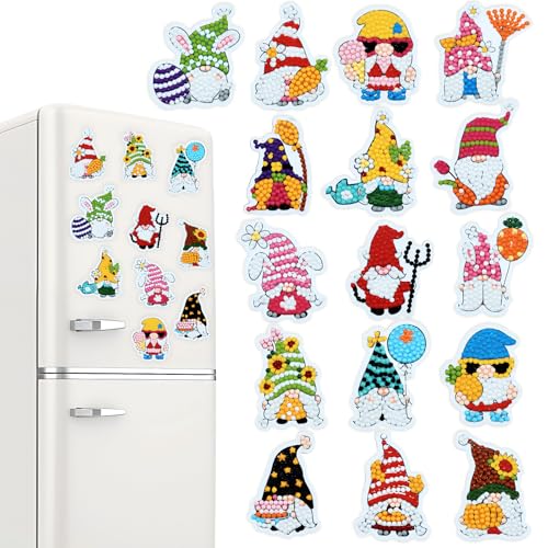 QIUQI 16pcs Malen Nach Zahlen Gartenzwerge Magnete, Diamond Painting Kühlschrank Magnete, Malen Nach Zahlen Kinder Erwachsene, Diamant Painting Gartenzwerge für Home Wand Dekor, Geschenke für Mädchen von QIUQI