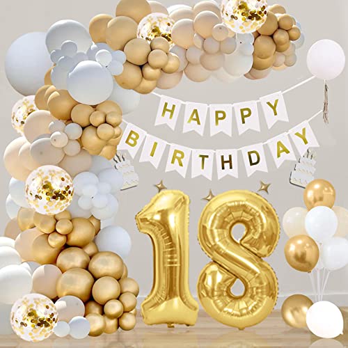 QIUQI 18Geburtstag Deko Beige,18 Jahr Dekoration Geburtstag, Deko 18. Geburtstag Mädchen Junge,Weiß Gold Beige Luftballon und "HAPPY BIRTHDAY" Banner für Geburtstagsfeier von QIUQI