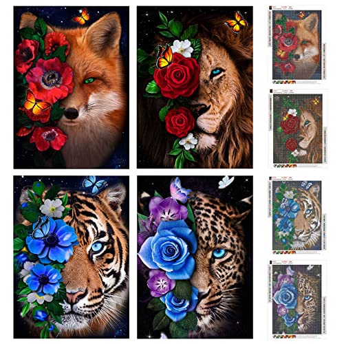 QIUQI 5D Diamant Painting Bilder,4 Pack Diamond Painting Tiere,Diamond Painting Erwachsene und Kinder,Diamant Malerei Tiger und Löwe mit Blume für Haus Dekoration,Weihnachtsgeschen(30cm*40cm) von QIUQI