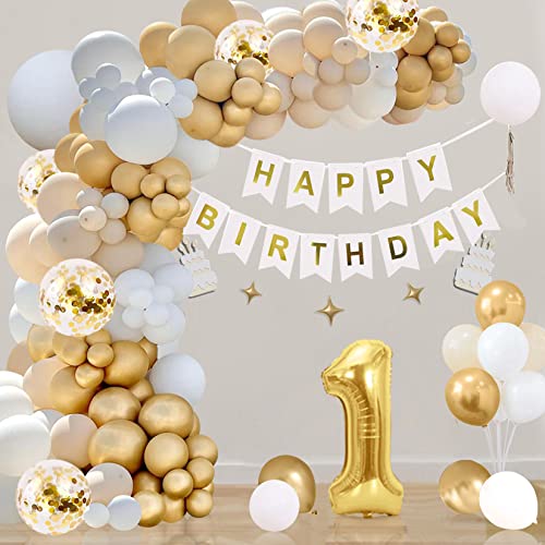 QIUQI 1Geburtstag Deko Beige,1 Jahr Dekoration Geburtstag, Deko 1. Geburtstag Baby,Weiß Gold Beige Luftballon und "HAPPY BIRTHDAY" Banner für Baby Shower Deko von QIUQI