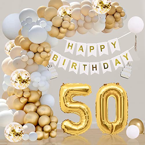 QIUQI 50 Geburtstag Deko Beige,50 Jahr Dekoration Geburtstag, Deko 50. Geburtstag Männer Frauen,Weiß Gold Beige Luftballon und "HAPPY BIRTHDAY" Banner für Geburtstagsfeier von QIUQI