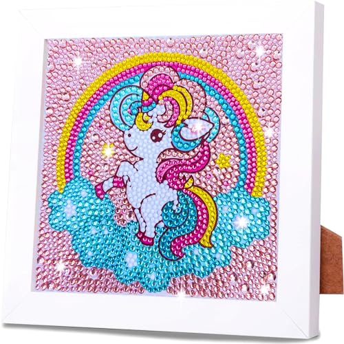 QIUQI Diamond Painting Kinder Mit Holzrahmen,Diamant Painting Bilder Einhorn-Regenbogen,5D Diamond Painting mit Rahmen,Crystal Art,Mosaik Bastel Set für Kinder Mädchen,Raumdekoration(18 x18cm) von QIUQI