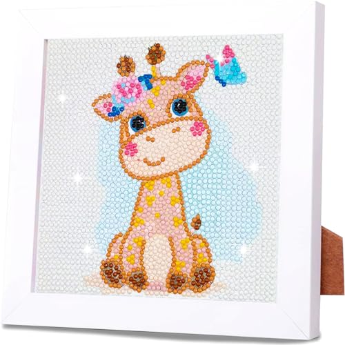 QIUQI Diamond Painting Kinder Mit Holzrahmen,Diamant Painting Bilder Giraffe,5D Diamond Painting mit Rahmen,Crystal Art,Mosaik Bastel Set für Kinder Mädchen,Raumdekoration von QIUQI