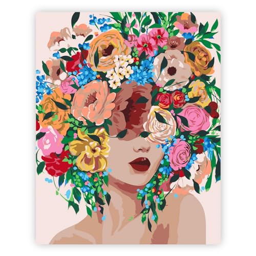 QIUQI Malen Nach Zahlen Erwachsene Blumen, Malen Nach Zahlen Frau Blumen Bunt, Mit 3-Pinseln und Acrylfarbe, Paint by Numbers für Anfänger und Erwachsene, 40X50CM, Ohne Rahmen (Frau mit Blumen) von QIUQI