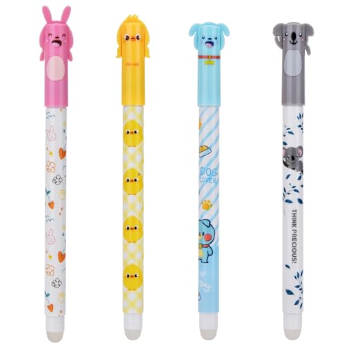 QIURUYUE 4 Radierbarer Kugelschreiber (3 BLAU+ 1 Schwardz), Radierbare Stifte, Kinder Cartoon Erasable Pen, Gelstifte Radierbar für Kinder Studenten Geschenk Schul Bürobedarf von QIURUYUE
