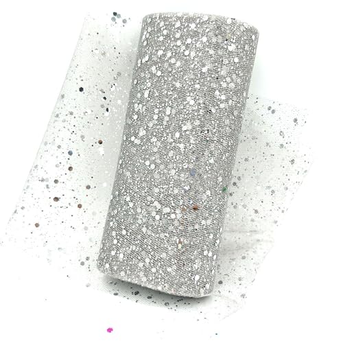 QIUSHIBO TüLlrolle Glitzer-Tüllstoffrolle, 15,2 cm, 9,1 m, glitzernde Pailletten, Spulennetz for Hochzeit, Tutu, Rock, Geschenkverpackung, Party-Dekoration TüLl Stoff Rolle(Silver) von QIUSHIBO