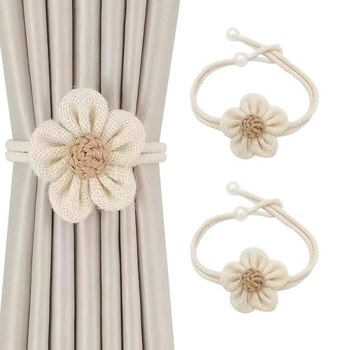 2 Stück Gardinen Raffhalter, Verstellbare Blumen Design Vorhang Halter, Gardinenraffer aus Baumwolle mit sicheren Safety-Pins, für Schlafzimmer, Wohn- & Badezimmer (Beige) von QIUSUIG