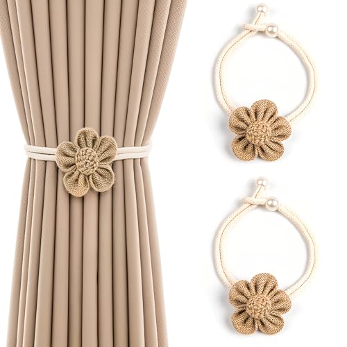 2 Stück Gardinen Raffhalter, Verstellbare Blumen Design Vorhang Halter, Gardinenraffer aus Baumwolle mit sicheren Safety-Pins, für Schlafzimmer, Wohn- & Badezimmer (Khaki) von QIUSUIG