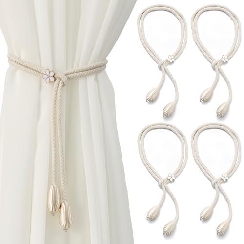 4 Stück Verstellbare Vorhang Raffhalter, Reißfestes Baumwollseil Gardinenhalter, Universeller Vorhanghalter mit Adjustierbarer Länge für Zuhause, Büro, Fenster Dekorativ & Gardinen (Beige) von QIUSUIG