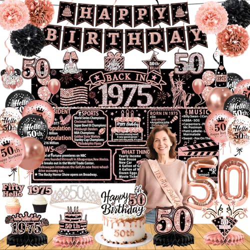50. Geburtstag Dekorationen für Frauen - 59pcs Back in 1975 Party Supplies Hintergrund, Banner, Waben-Mittelstücke, hängende Wirbel, Folien- und Latexballon, Kuchen- & Cupcake-Topper, Schärpe, Pompons 50. Geburtstag Dekorationen für Frauen - 59pcs Back in 1975 Party Supplies Hintergrund, Banner, Waben-Mittelstücke, hängende Wirbel, Folien- und Latexballon, Kuchen- & Cupcake-Topper, Schärpe, Pompons von QIYANPAX