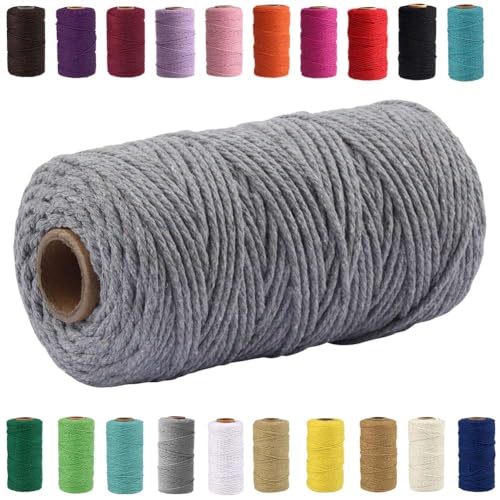 QIYIG Makramee-Seil, 3 mm x 100 m, handgefertigt, natürliche Baumwollkordel, Makramee-Schnur für Wandbehang, DIY, Geschenkverpackungen (Grau (1 Rolle)) von QIYIG