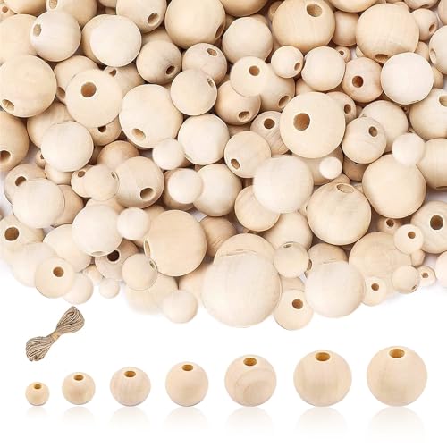 Holz Perlen Set, 780 PCS Holzperlen, Holzkugeln mit Loch, Holzperlen Runde, Holzperlens zum Auffädeln für DIY Schmuck, Taschen, Heimdekoration, Basteln (7 Verschiedene Größen) von QIZHIQIAMY