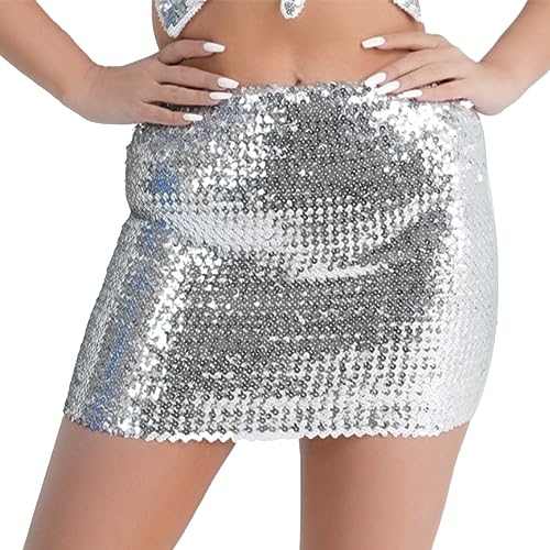 Schnittmuster Röcke Damen glänzende Pailletten-Miniröcke für Partys am Abend Nähset (Silver, One Size) von QJDFLL