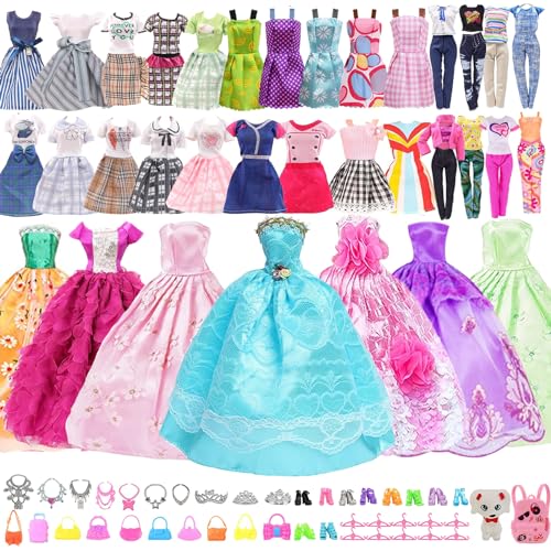 QJFHURB 48 Pcs Kleidungsstücke Für Puppen Puppenkleidung Puppen Zubehör Barby Kleidung Original 16 Outfits 10 Paar Schuhe 10 Kleiderbügel 4 Taschen 1 Welpen-Accessoire 4 Halsketten 3 Kronen von QJFHURB