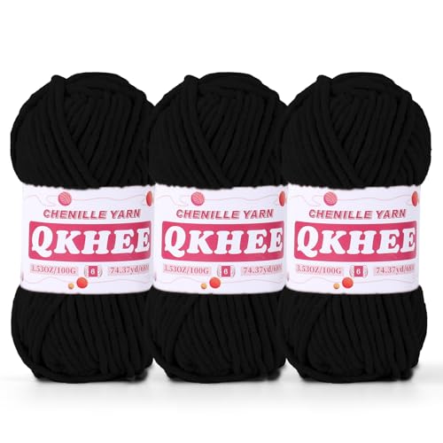 QKHEE Chenille-Garn zum Häkeln und Stricken, 3 Stück, 100 g, 6# Super sperriges Garn für Decken, Handwerk und Amigurumi, Schwarz QKHEE Chenille-Garn zum Häkeln und Stricken, 3 Stück, 100 g, 6# Super sperriges Garn für Decken, Handwerk und Amigurumi, Schwarz von QKHEE
