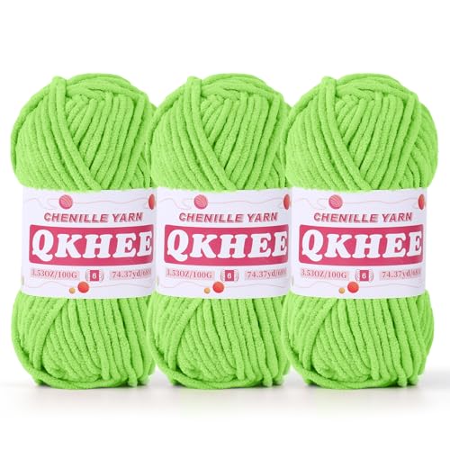 QKHEE Chenille-Garn zum Häkeln und Stricken, 3 Stück, 100 g, 6# Super sperriges Garn für Decken, Handwerk und Amigurumi (Neongrün) von QKHEE