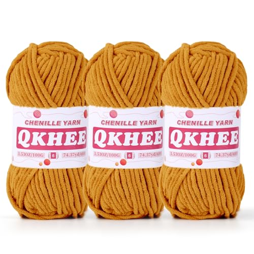 QKHEE Chenille-Garn zum Häkeln und Stricken, 3 Stück, 100 g, 6# Super sperriges Garn für Decken, Handwerk und Amigurumi (Senf) von QKHEE