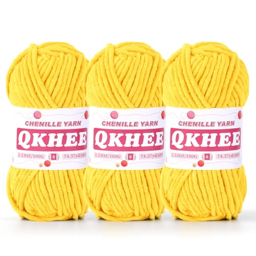 QKHEE Chenille-Garn zum Häkeln und Stricken, 3 Stück, 100 g, 6# Super sperriges Garn für Decken, Handwerk und Amigurumi (gelb) von QKHEE