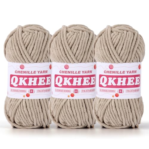 QKHEE Chenille-Garn zum Häkeln und Stricken, 3 Stück, 100 g, 6# Super sperriges Garn für Decken, Handwerk und Amigurumi (helles Khaki) von QKHEE