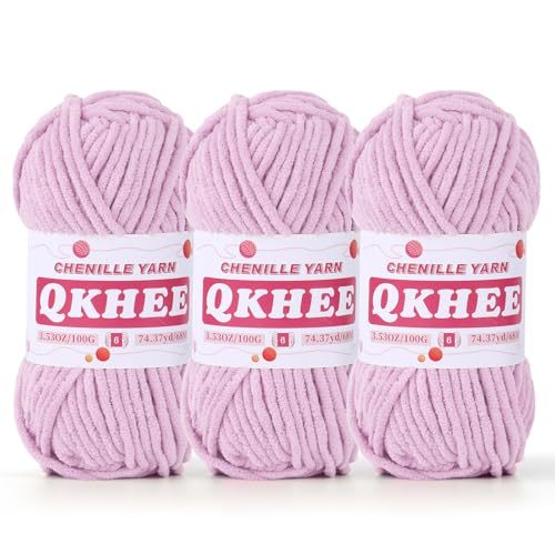 QKHEE Chenille-Garn zum Häkeln und Stricken, 3 Stück, 100 g, 6# Super sperriges Garn für Decken, Handwerk und Amigurumi (lila) von QKHEE
