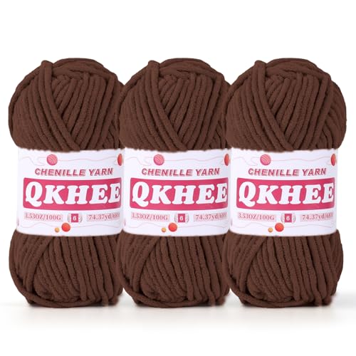 QKHEE Chenille-Garn zum Häkeln und Stricken, 3 Stück, 100 g, 70 m, super sperriges Garn für Decken, Handwerk und Amigurumi von QKHEE