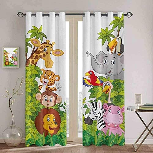 QLCUY Vorhang Blickdicht mit Ösen Cartoon Zootiere Dschungel Kinder Gardinen Blickdicht Ösen Gardine Thermo Polyester Schlafzimmer Kinderzimmer Vorhänge Dekoratives Muster Européen 140 x 160 cm von QLCUY