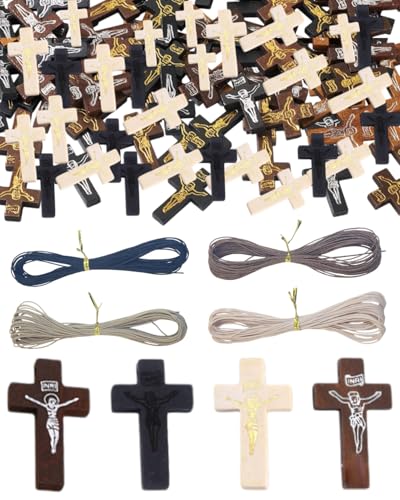 QLEUIFT Holz Kreuz Anhänger,120 pcs 42 * 24mm Holzkreuz Mit 1 Rollen Gewachste Polyester Schnur 40M Taufe Verzierung 3 Farbe Segen Kreuz Charm für DIY Halskette Schmuck Zubehör Taufe Kommunion von QLEUIFT